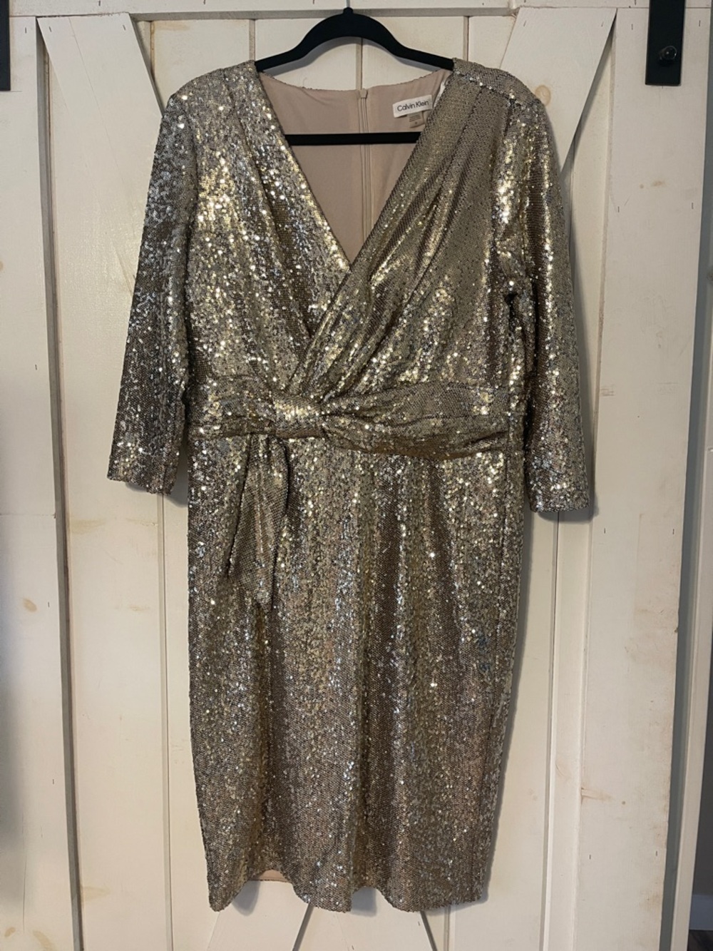 Calvin Klein Gold Sequin Wrap Midi Dress